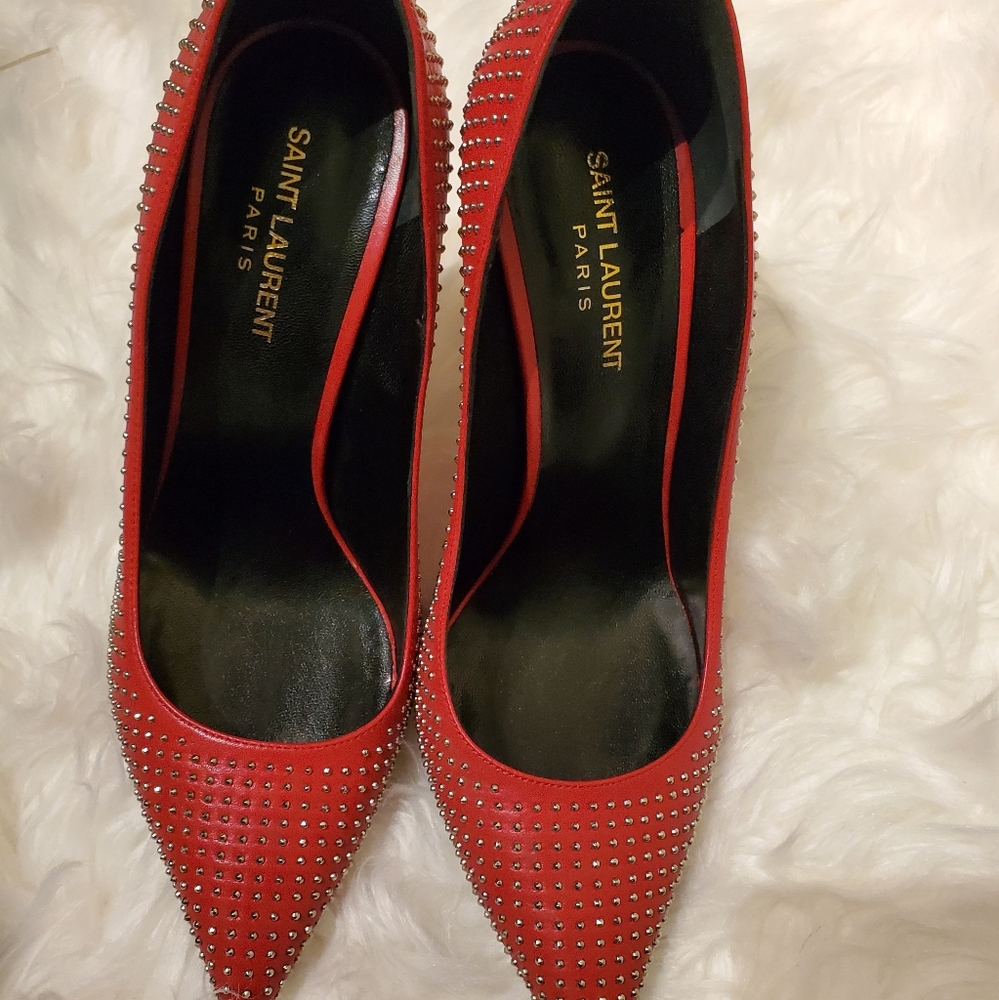 YSL Paris Studded Pointed-Toe Pump, red/Silver